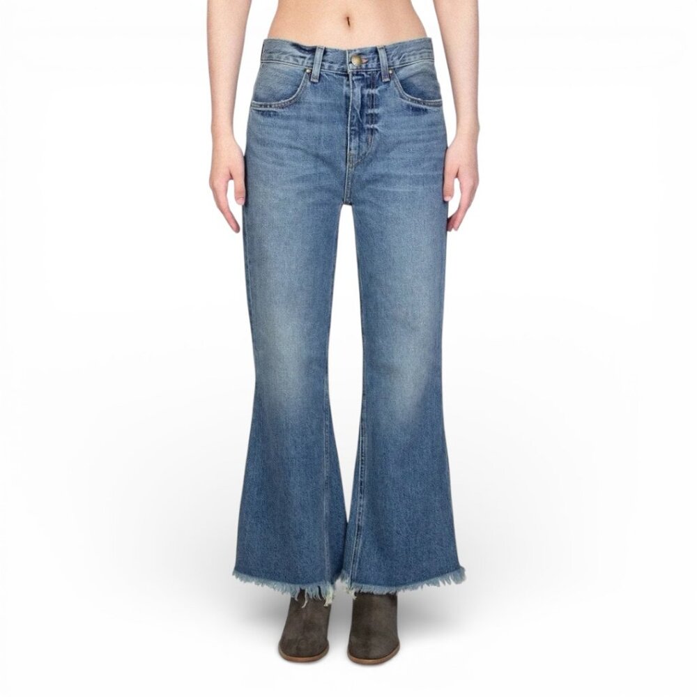 The Great Kick Bell Jeans 27 High Rise Cropped Flare Raw Hem Blue Denim